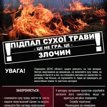 Рятувальники закликають громадян не спалювати суху траву та не провокувати пожеж в природних екосистемах!