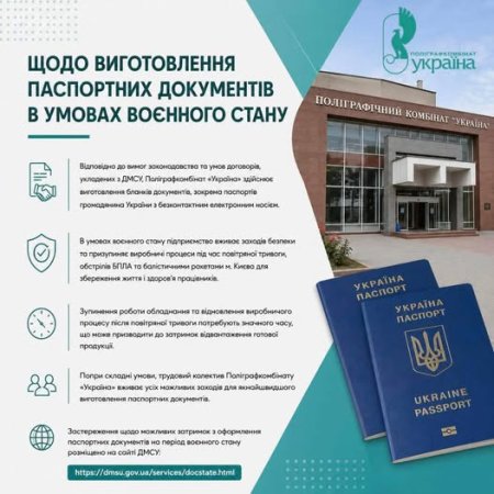 Відповідно до вимог законодавства та умов договорів, укладених з Державною міграційною службою України, Поліграфкомбінат «Україна» здійснює виготовлення паспортних документів для потреб населення.